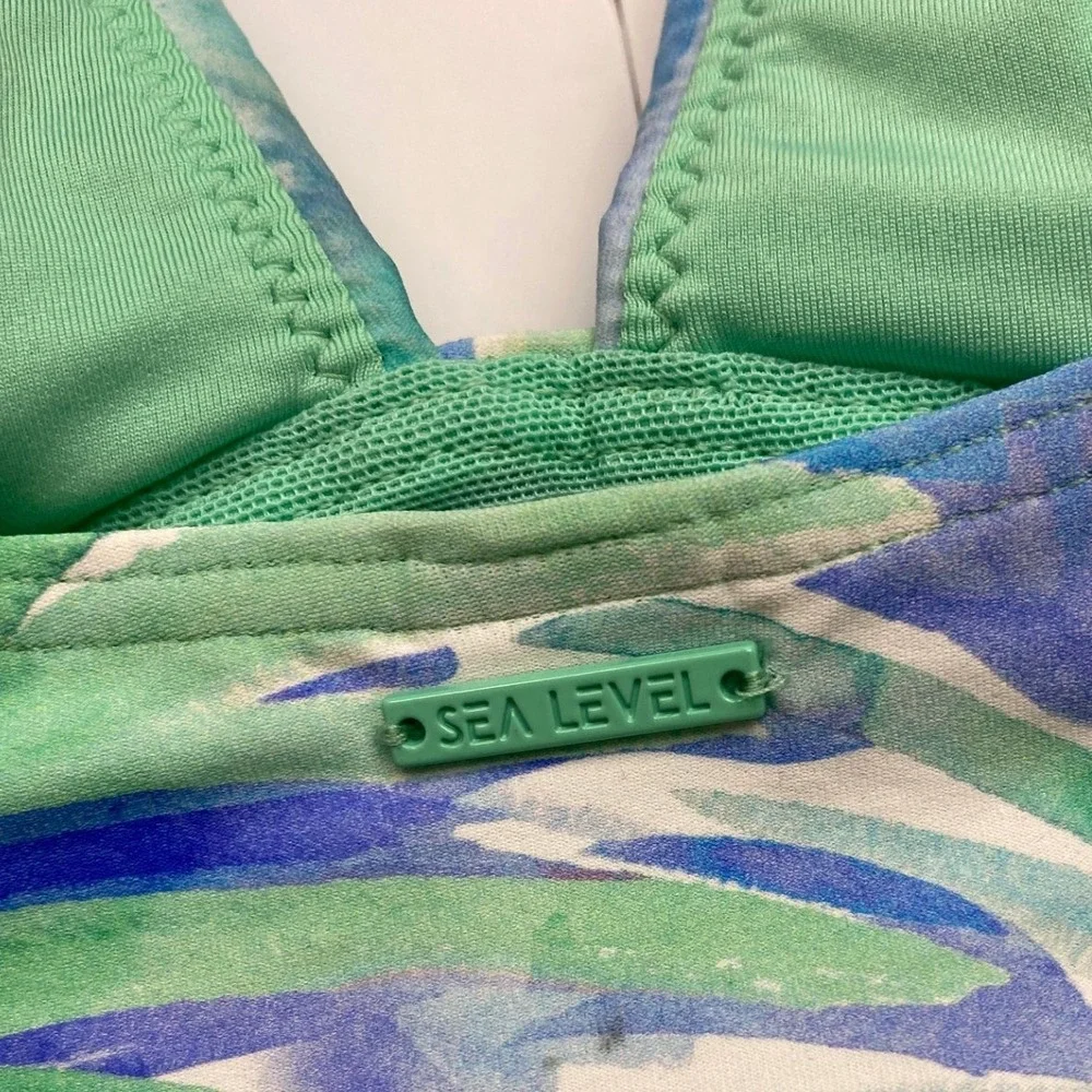 NWT, Sea Level Swim Tropical Palm V-neck Blue Green One Piece Swimsuit Size 4